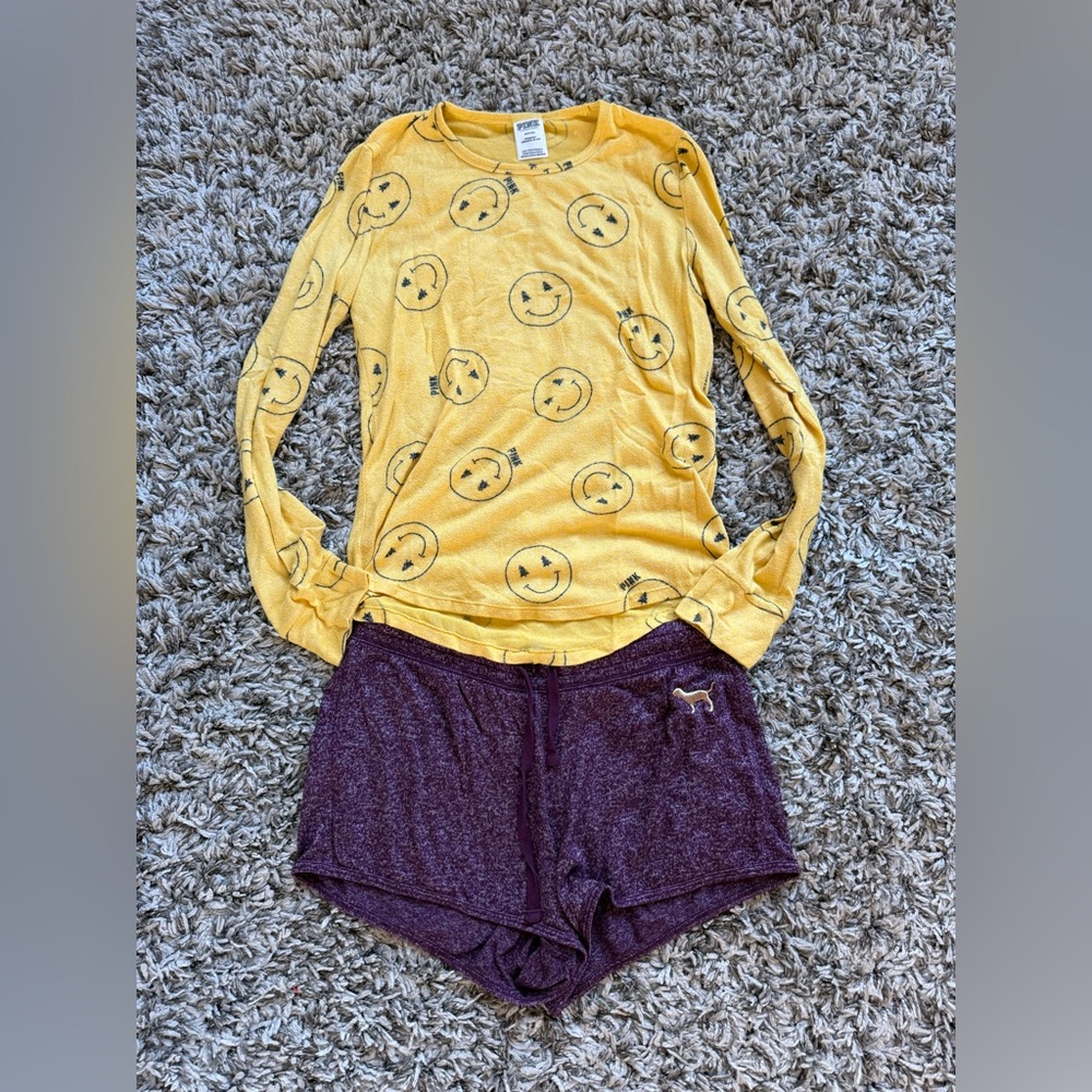 PINK Victoria's Secret Yellow Smiley Pajama Set